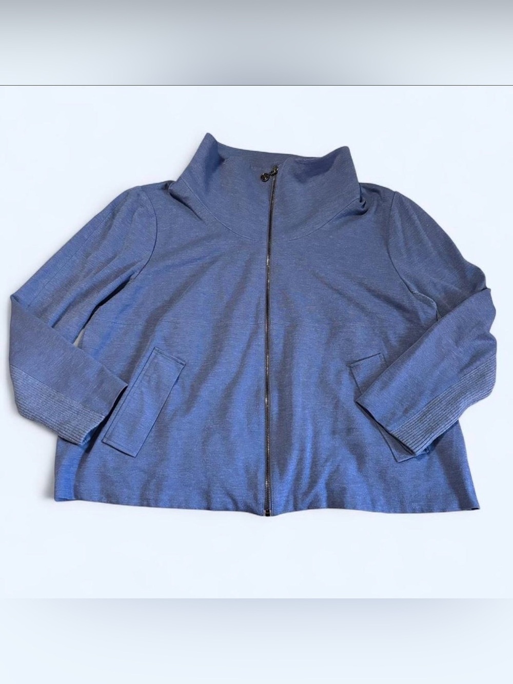 St. John Blue Zip Up Sweatshirt Jacket XL Funnel Neck Wool Panel Knit Designer